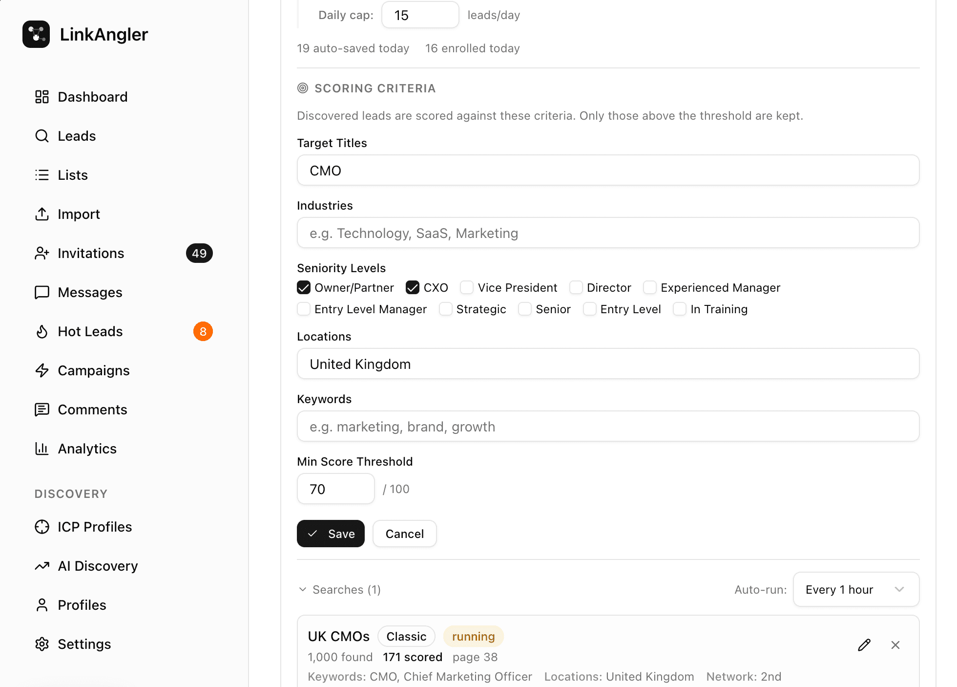 Scoring criteria form with target titles, seniority levels, locations, and a running search