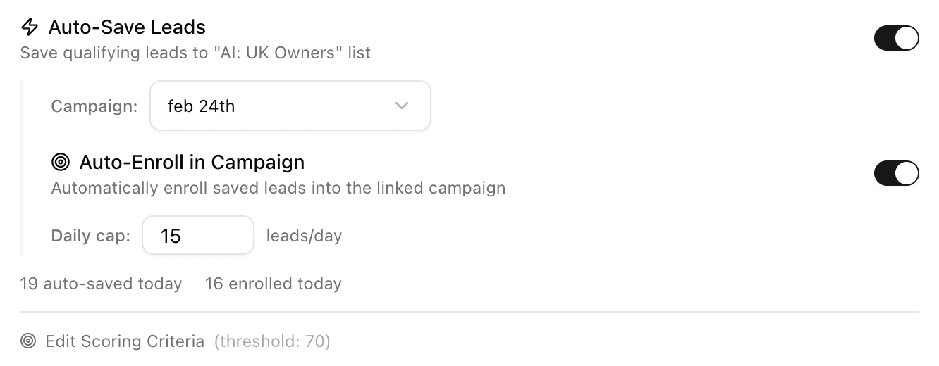 Auto-save leads and auto-enroll in campaign settings with daily cap